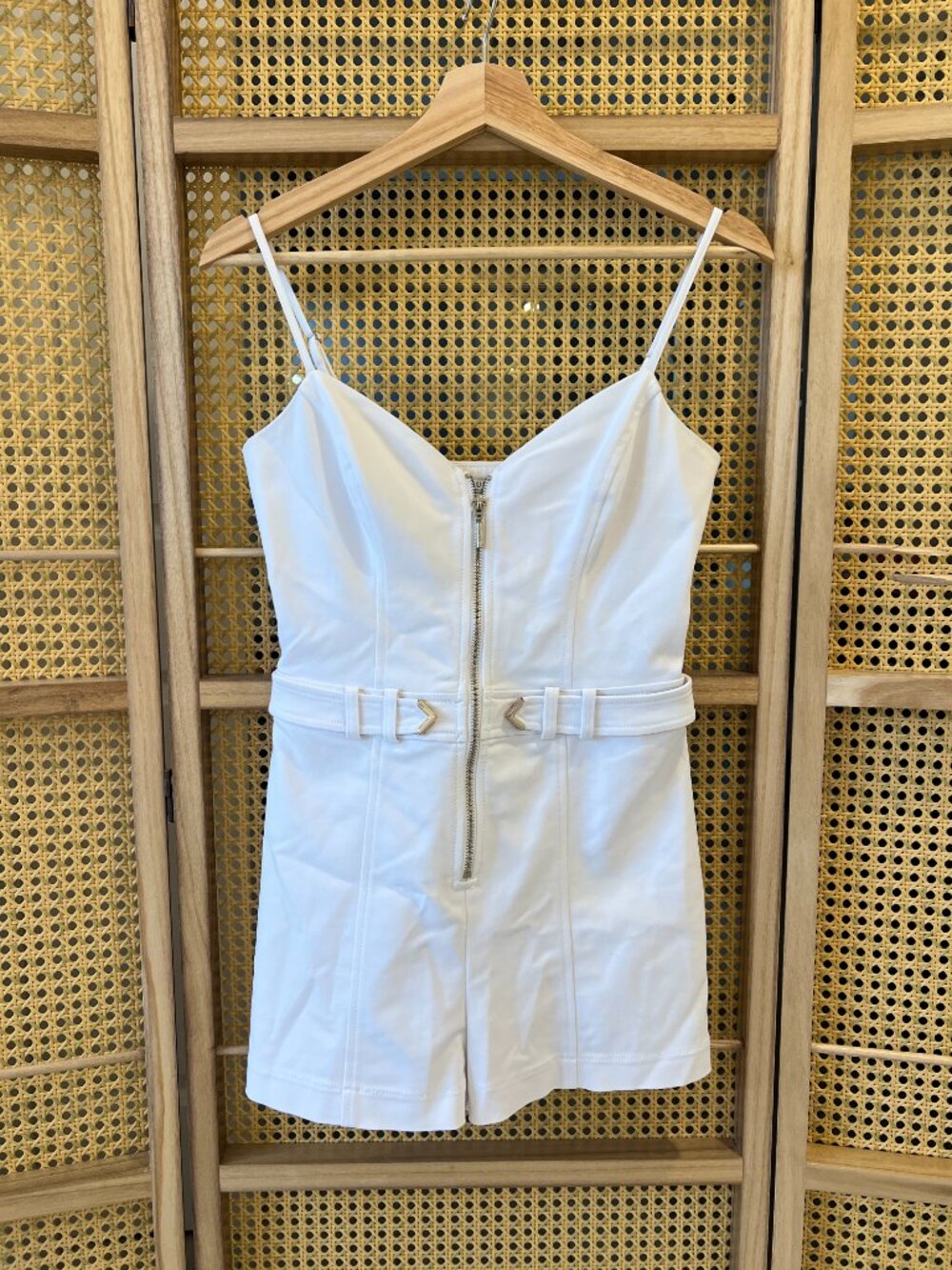 GUESS White Belted Zip Front Sleeveless Romper